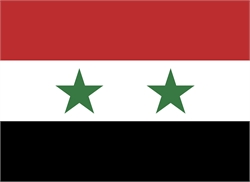 [ai] The national flag of Syria, featuring three horizontal stripes in red, white, and black, with two green stars centered on the white stripe.